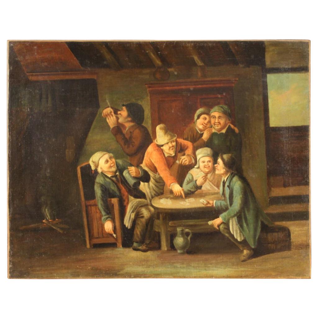 18th Century Oil on Canvas Flemish Antique Card Players Painting, 1780