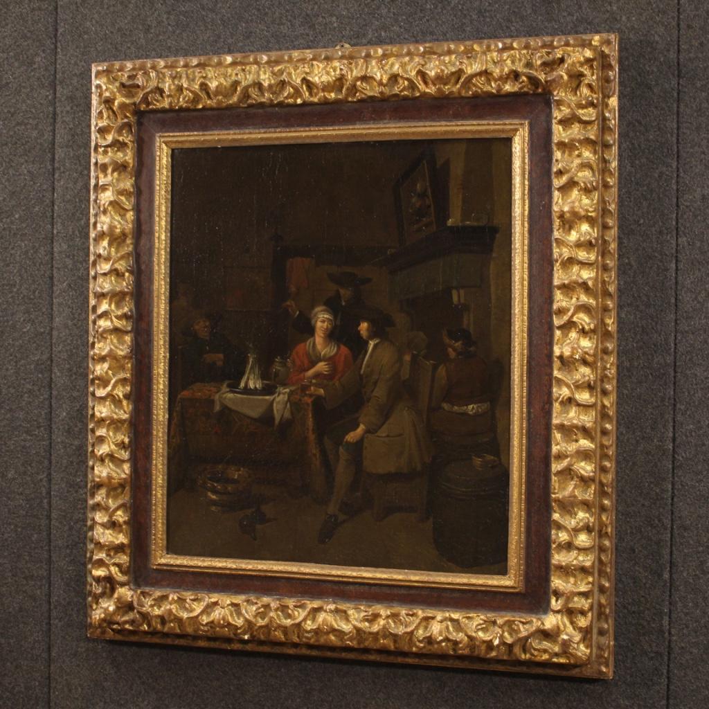 18th Century Oil on Canvas Flemish Antique Interior Scene Painting, 1720 5