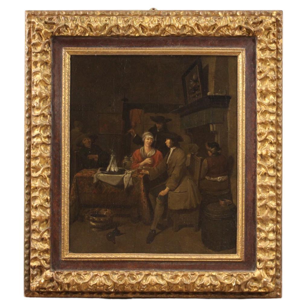 Antique Flemish painting from the first half of the 18th century. Oil on canvas painting depicting an interior scene, the dining room with the typical clothes and furnishings of the houses of the time. Painting of excellent pictorial quality, the