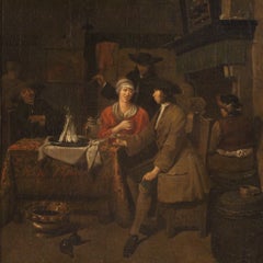 18th Century Oil on Canvas Flemish Antique Interior Scene Painting, 1720