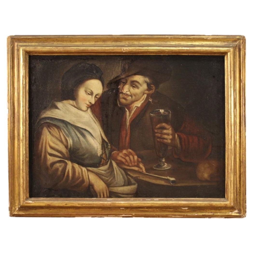 18th Century Oil on Canvas Flemish Antique Interior Scene Painting, 1750