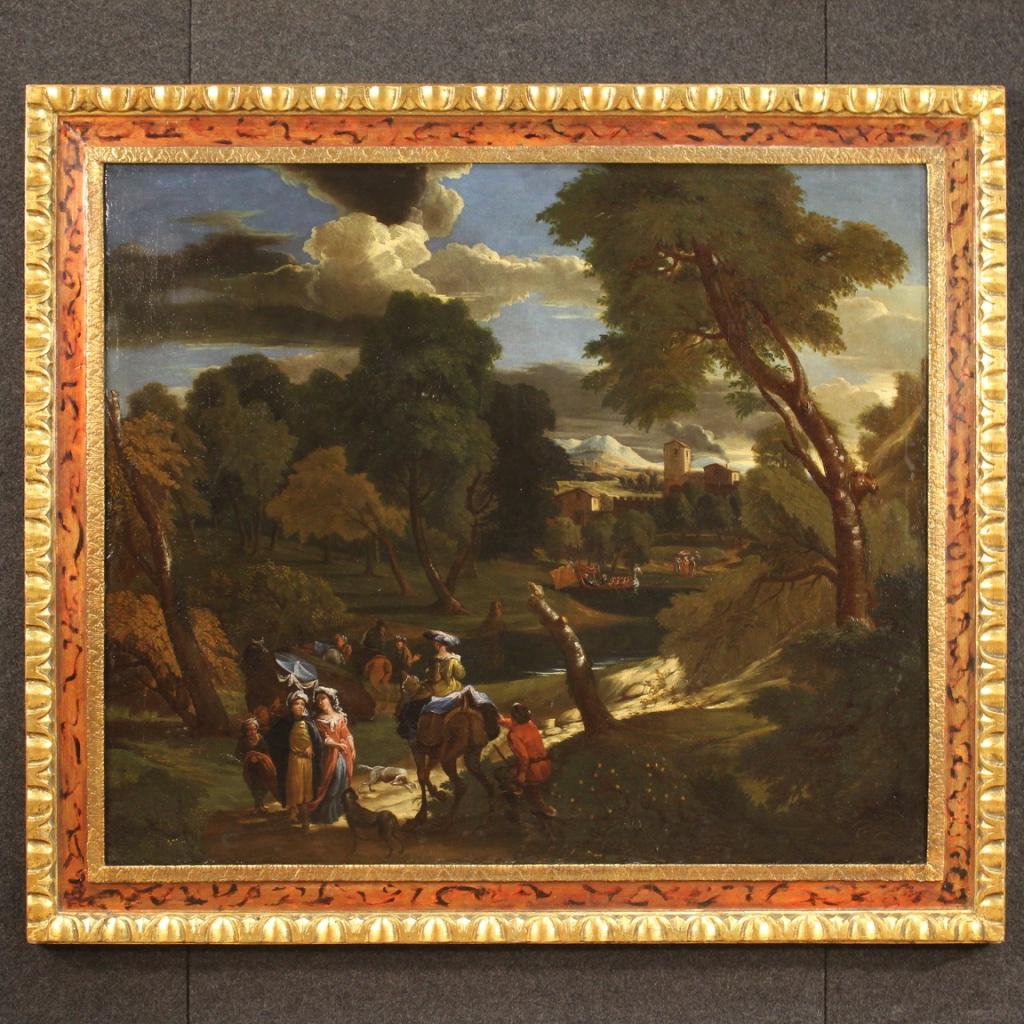 Antique Flemish painting from 18th century. Framework oil on canvas depicting a luminous wooded landscape with figures and architectures of excellent pictorial quality. Painting of exceptional size and great impact, for antique dealers, interior