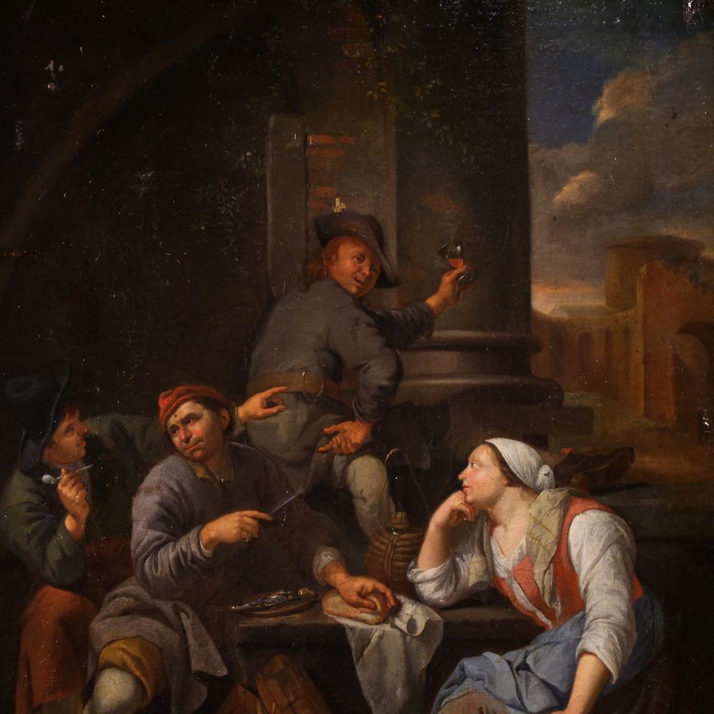 A olio 18th Century Oil on Canvas Flemish Antique Painting Genre Scene, 1770 in vendita