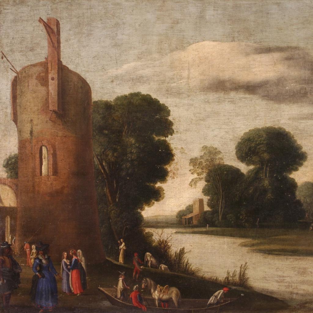 Antikes flämisches Gemälde, Landschaft mit Figuren, 18. Jahrhundert, Öl auf Leinwand, 1720 (Niederländisch) im Angebot