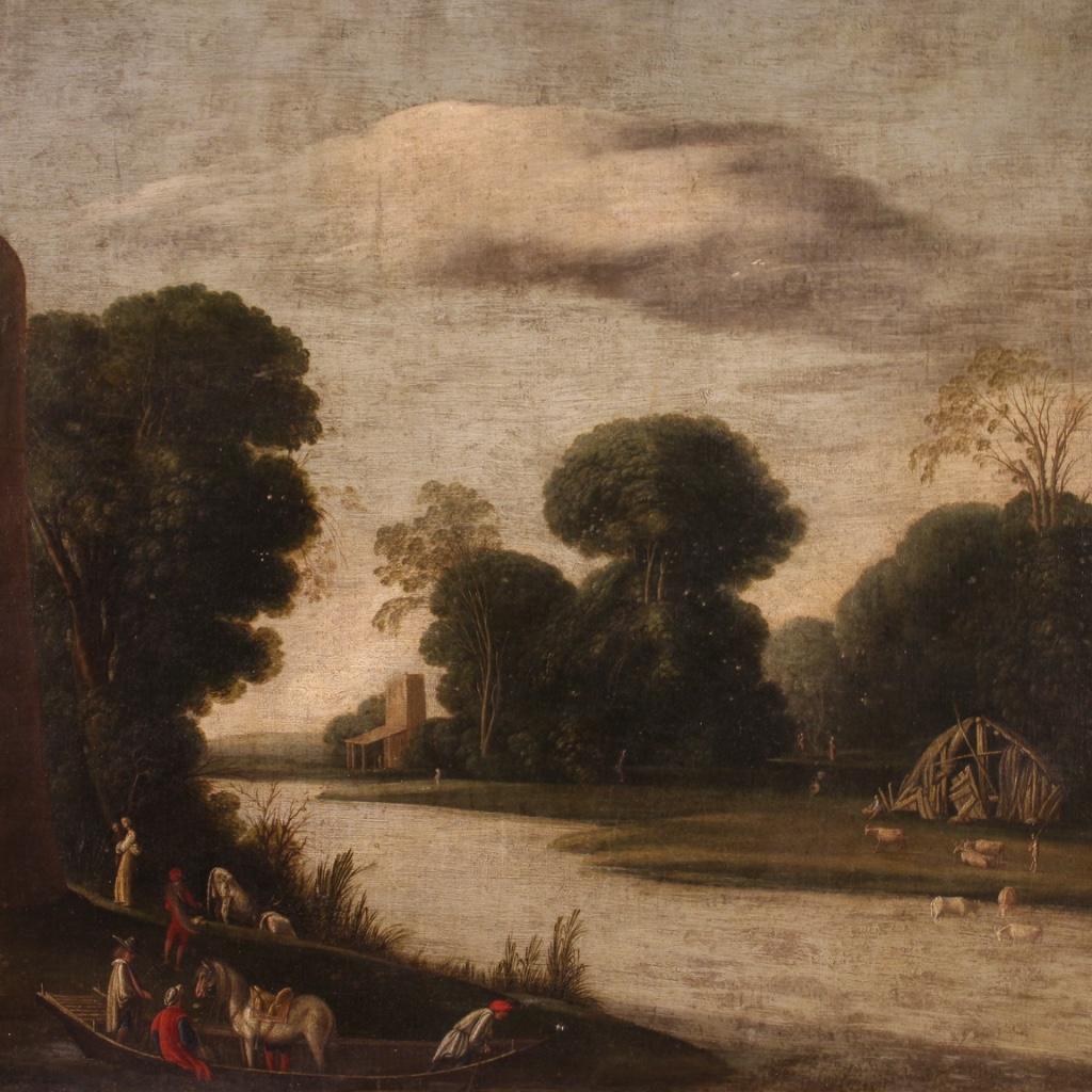 Antikes flämisches Gemälde, Landschaft mit Figuren, 18. Jahrhundert, Öl auf Leinwand, 1720 (Geölt) im Angebot