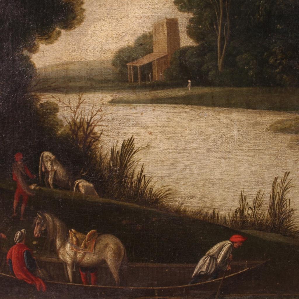 18th Century Oil on Canvas Flemish Antique Painting Landscape with Figures, 1720 For Sale 2