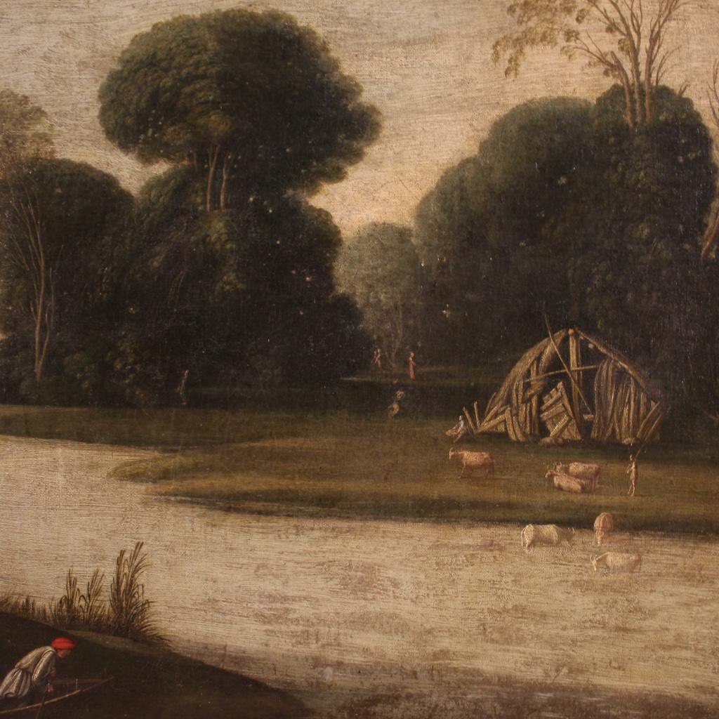 18th Century Oil on Canvas Flemish Antique Painting Landscape with Figures, 1720 For Sale 3