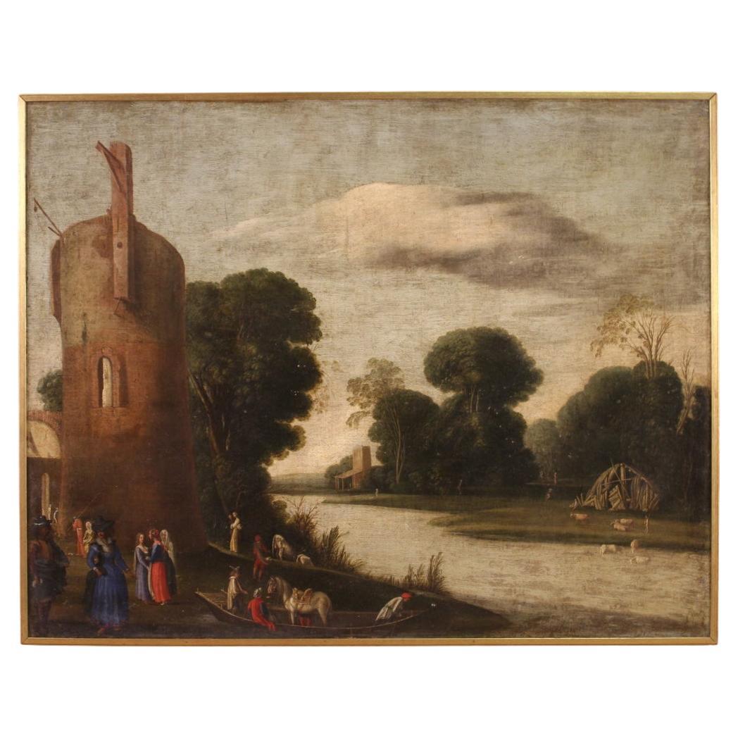 18th Century Oil on Canvas Flemish Antique Painting Landscape with Figures, 1720