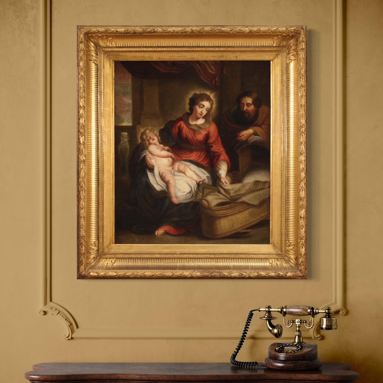 18. Jahrhundert Öl auf Leinwand Flämisch Antike Religiöse Malerei Heilige Familie, 1750 im Angebot 9