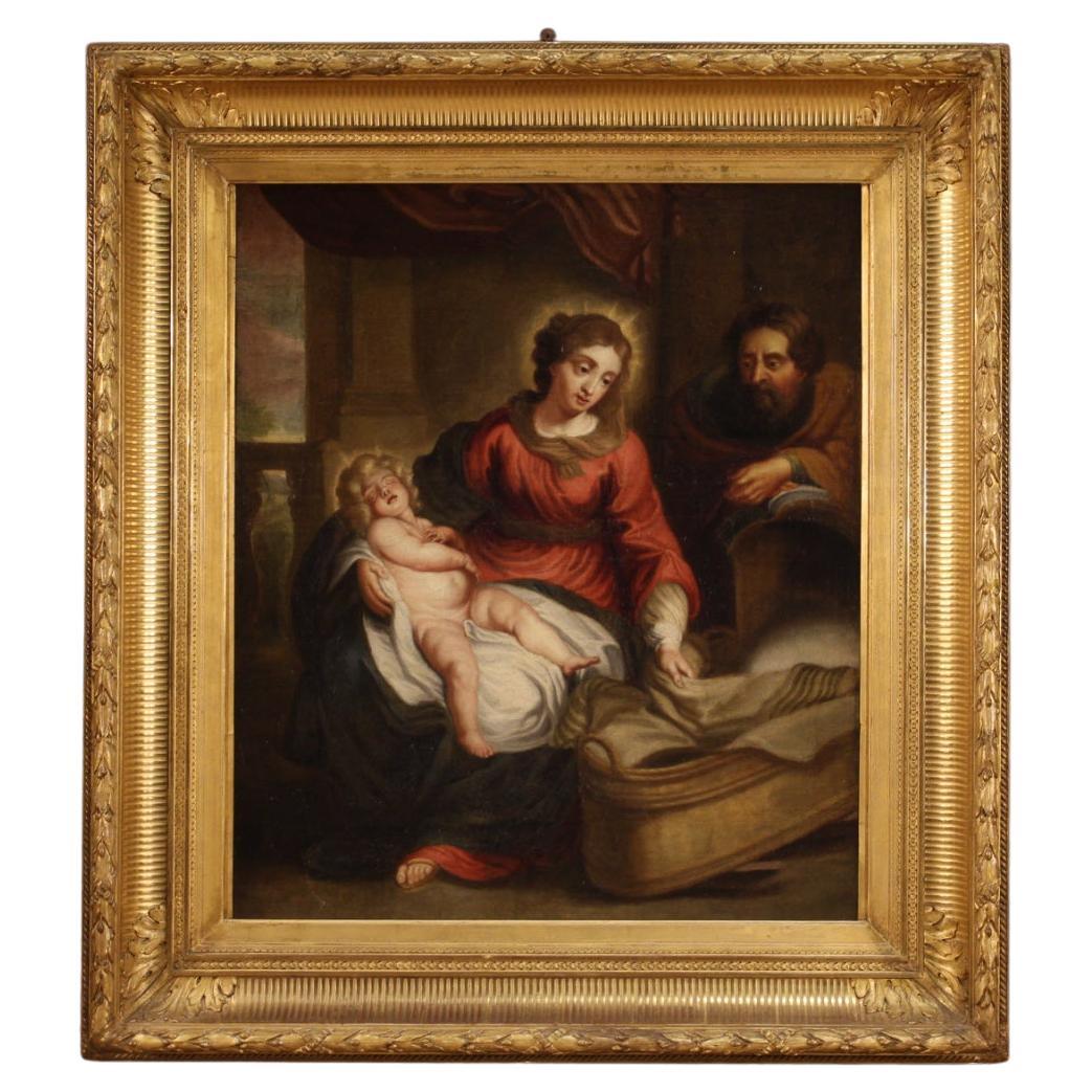 18. Jahrhundert Öl auf Leinwand Flämisch Antike Religiöse Malerei Heilige Familie, 1750 im Angebot