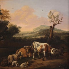 18th Century Oil on Canvas Flemish Bucolic Landscape Painting, 1760