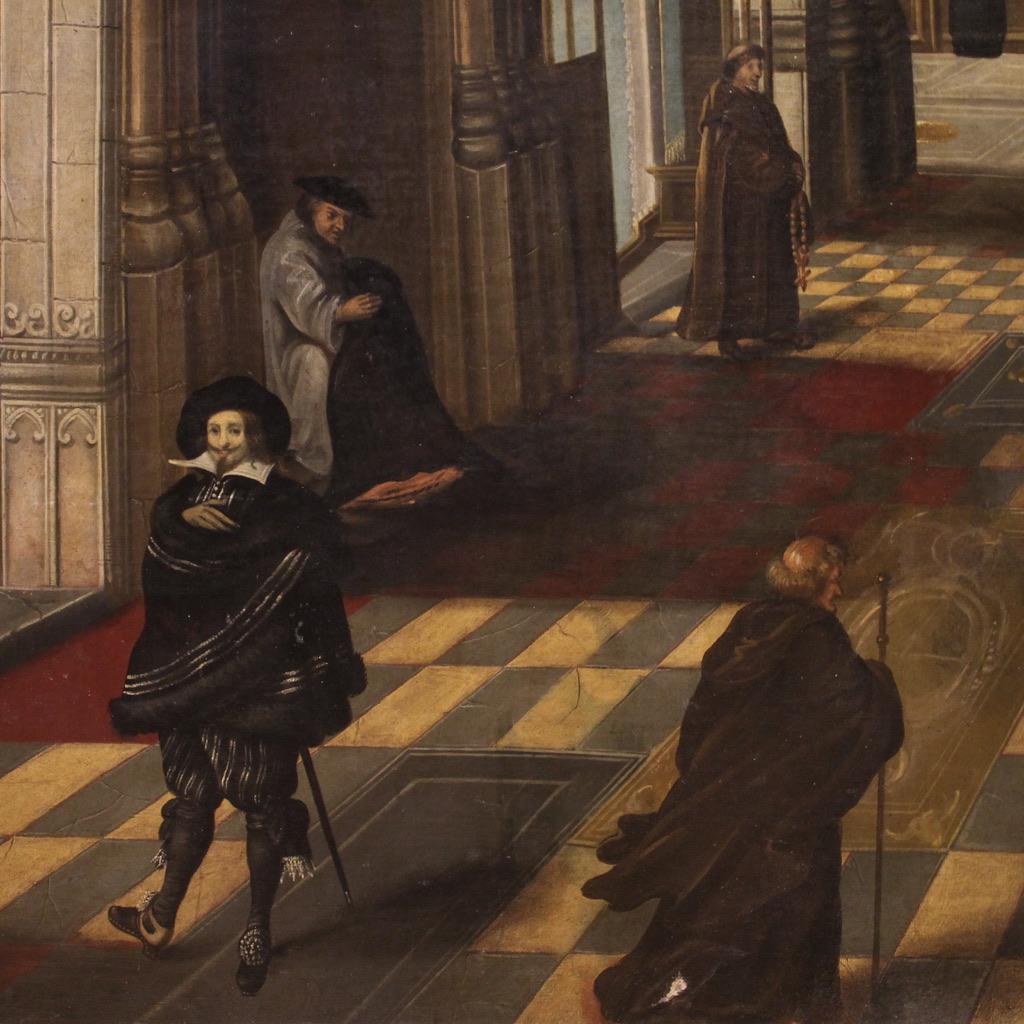 18th Century Oil on Canvas Flemish Painting Interior of the Cathedral of Antwerp 4