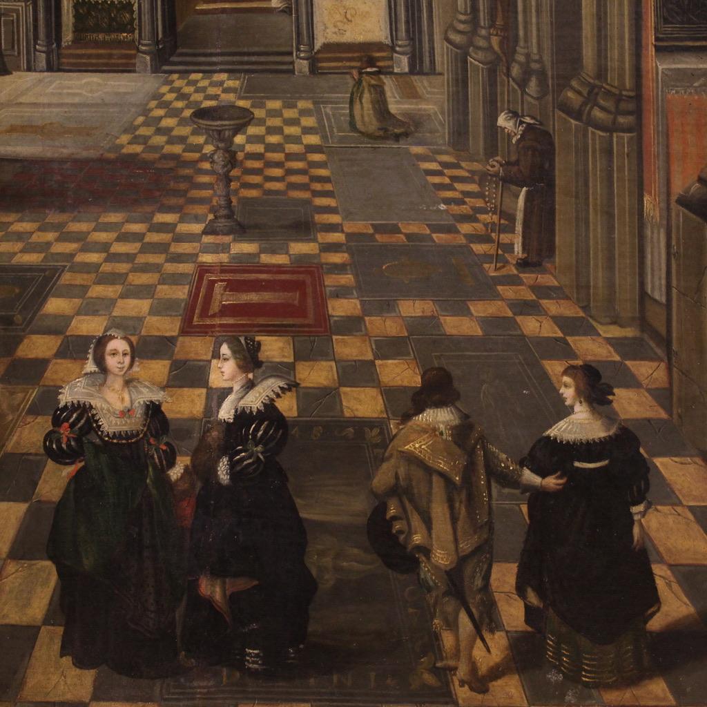 18th Century Oil on Canvas Flemish Painting Interior of the Cathedral of Antwerp 5