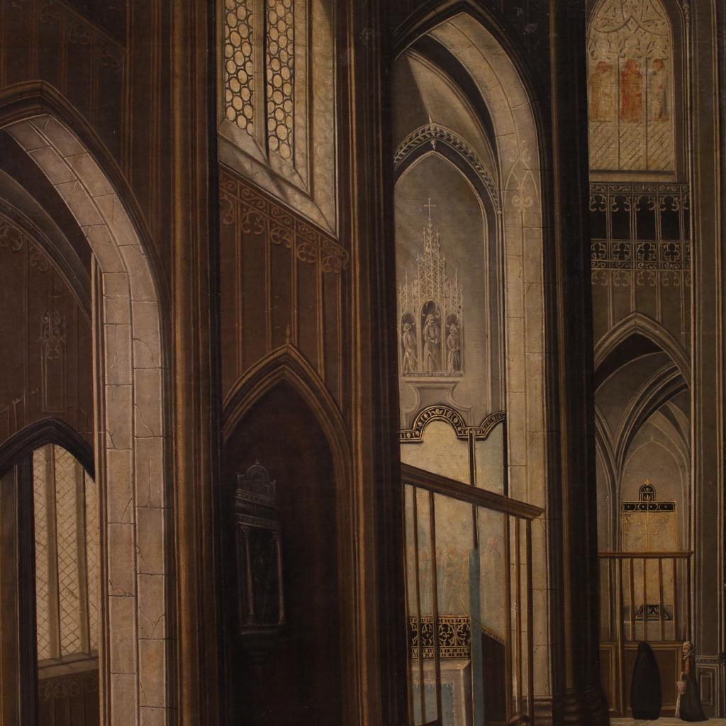18th Century Oil on Canvas Flemish Painting Interior of the Cathedral of Antwerp 6