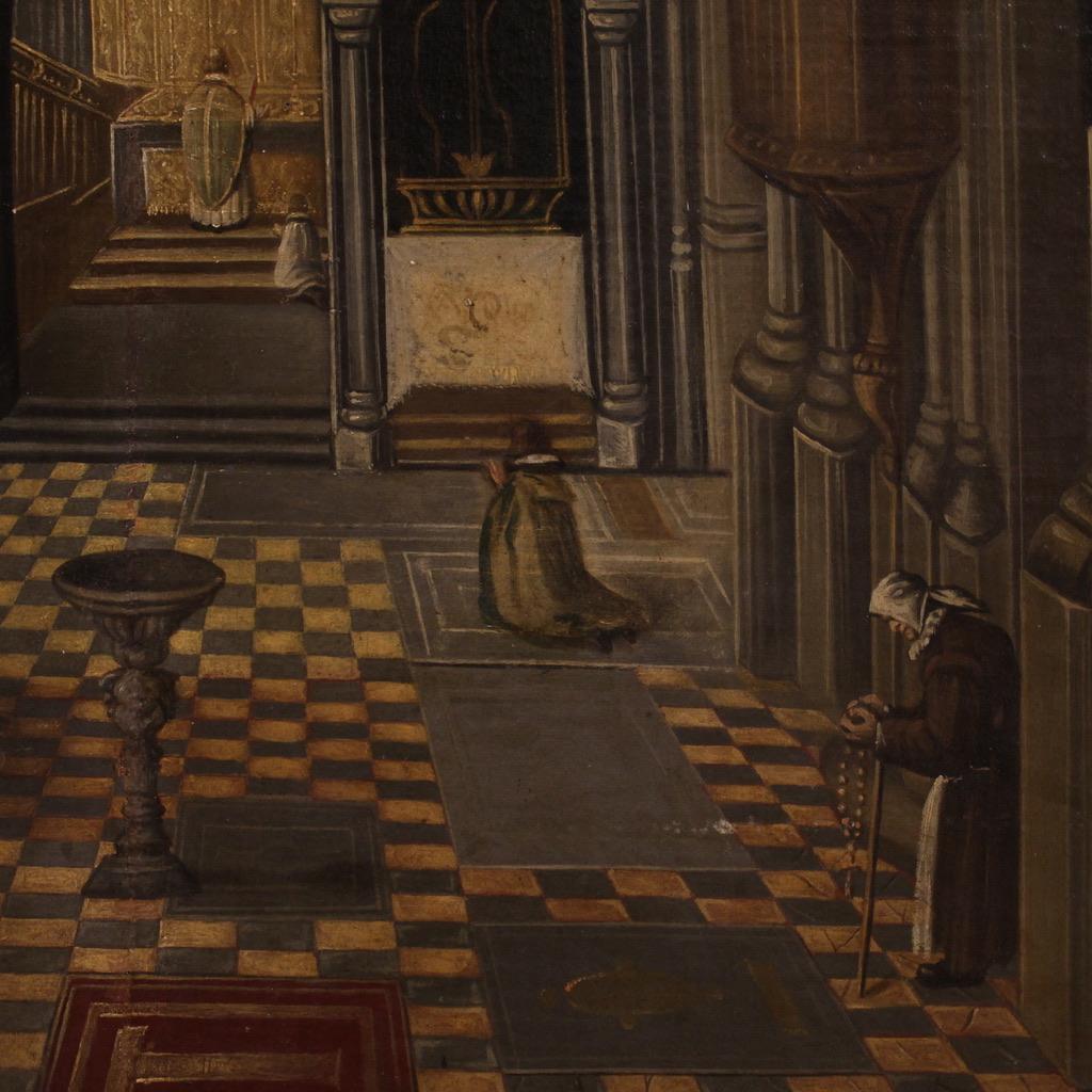 18th Century Oil on Canvas Flemish Painting Interior of the Cathedral of Antwerp 8