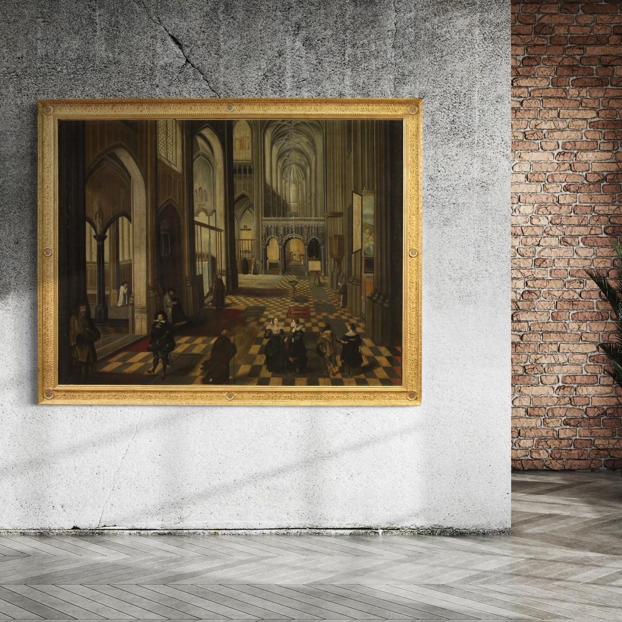 18th Century Oil on Canvas Flemish Painting Interior of the Cathedral of Antwerp 9