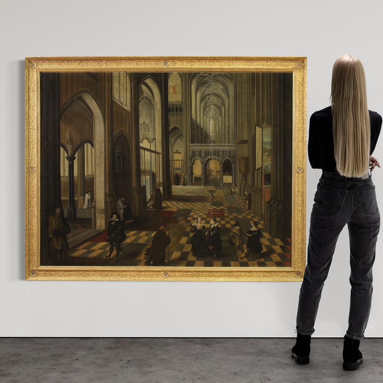Flemish school of the second half of the 18th century. Oil painting on canvas of fine pictorial quality depicting the interior of the Cathedral of Our Lady of Antwerp. The observer's point of view, slightly raised compared to that of the faithful,