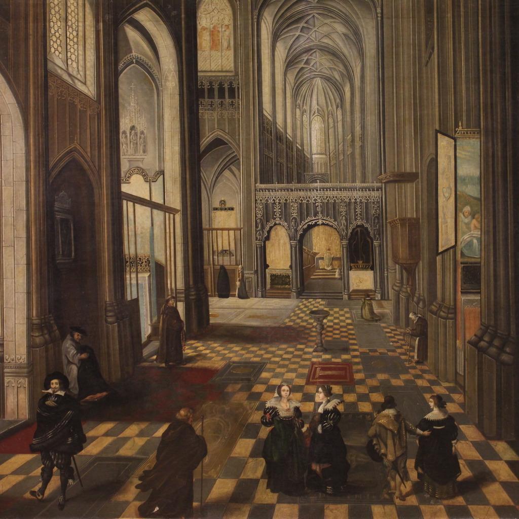 Dutch 18th Century Oil on Canvas Flemish Painting Interior of the Cathedral of Antwerp