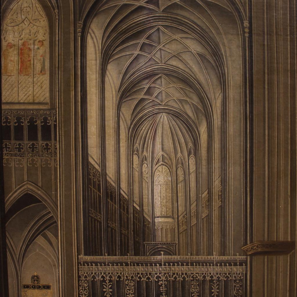 Oiled 18th Century Oil on Canvas Flemish Painting Interior of the Cathedral of Antwerp