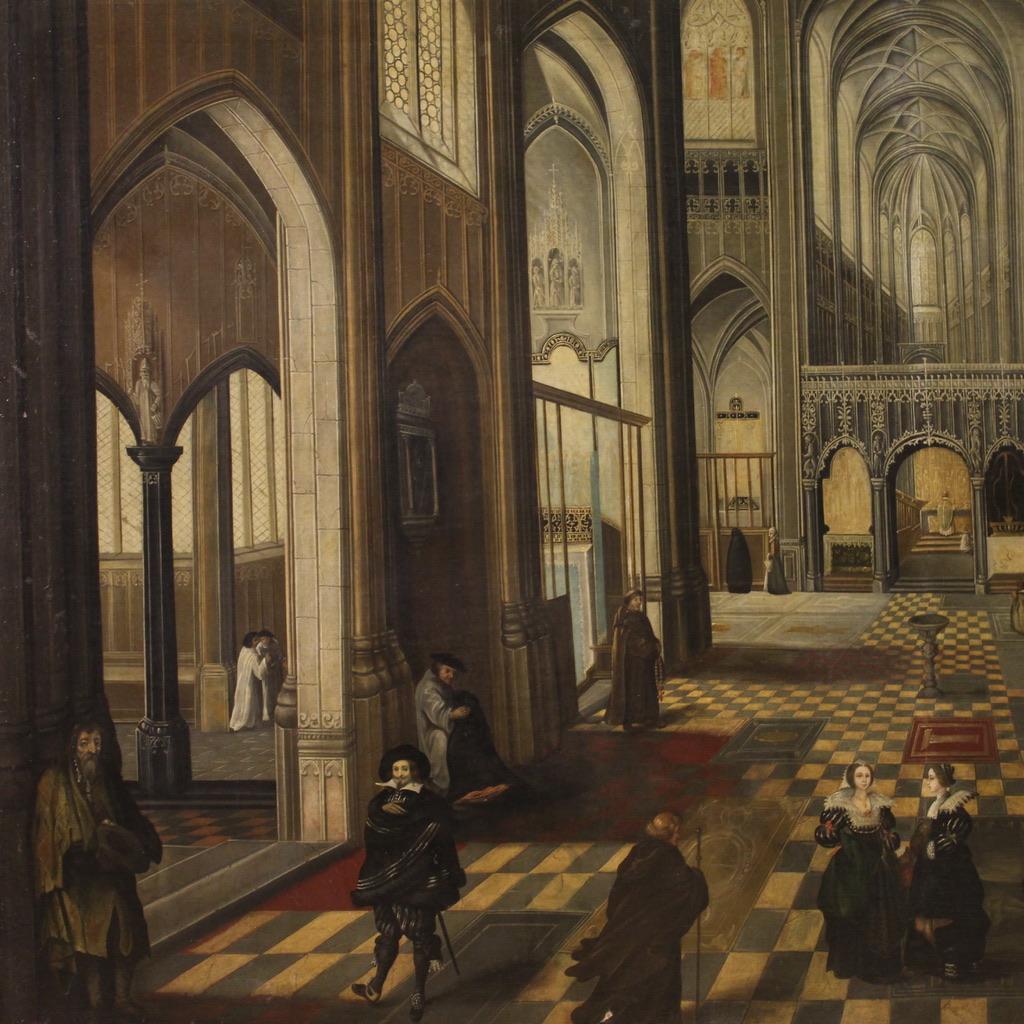 18th Century Oil on Canvas Flemish Painting Interior of the Cathedral of Antwerp 1