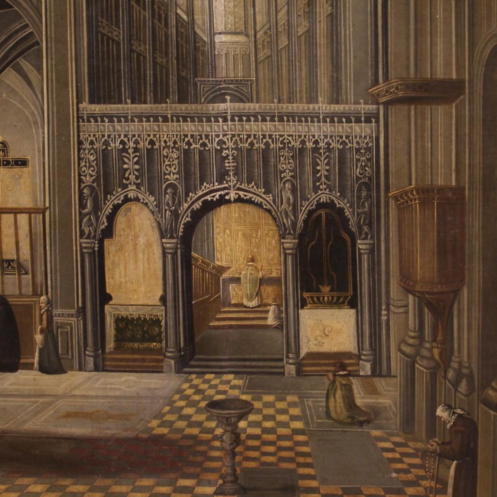 18th Century Oil on Canvas Flemish Painting Interior of the Cathedral of Antwerp 2