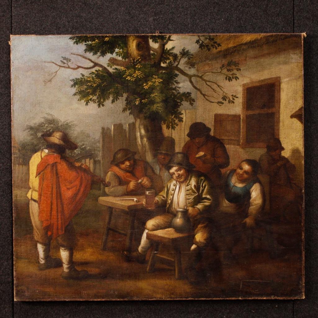 Antique 18th century Flemish painting. Oil painting on canvas depicting a popular scene with characters of excellent pictorial quality. Rustic framework for antique dealers and collectors, of excellent proportion missing frame. Painting that has