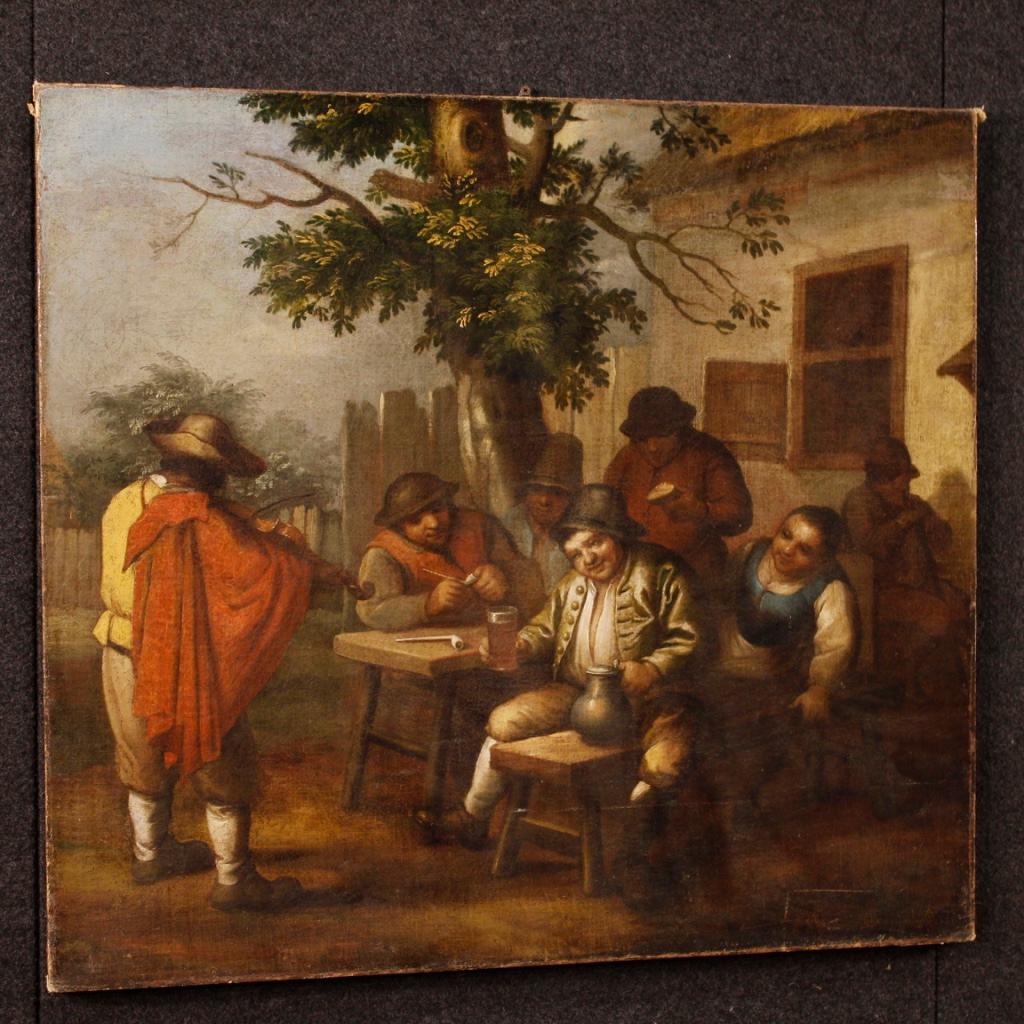 18th Century Oil on Canvas Flemish Painting Popular Scene with Characters, 1780 3