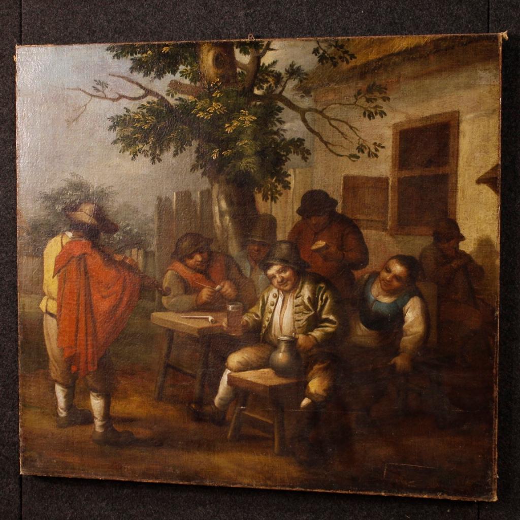 18th Century Oil on Canvas Flemish Painting Popular Scene with Characters, 1780 5