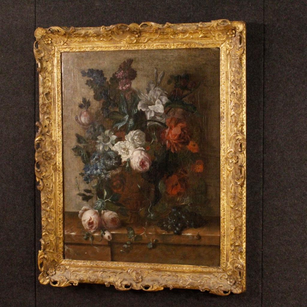 18th Century Oil on Canvas Flemish Still Life Vase with Flowers Painting, 1750 4