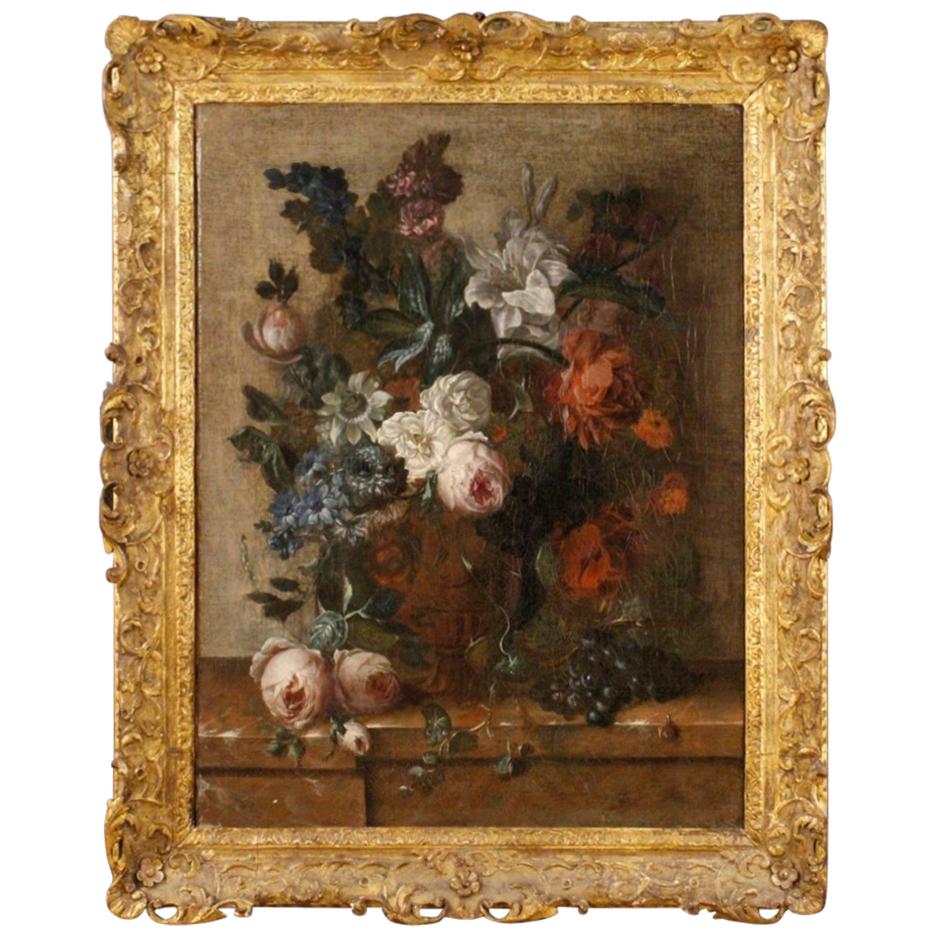 18th Century Oil on Canvas Flemish Still Life Vase with Flowers Painting, 1750