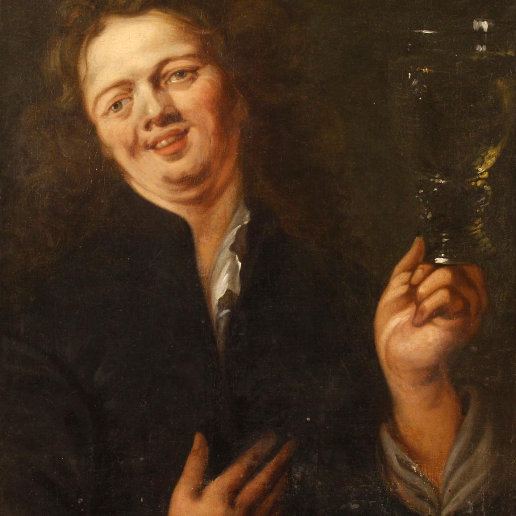 Flemish painting from the late 18th century. Work oil on canvas, backed again towards the end of the 19nth century, depicting a popular character The drunkard of good pictorial quality. Framework of excellent proportion for antique dealers and
