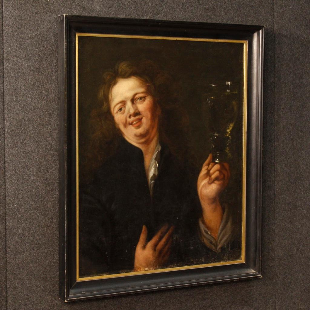 Gilt 18th Century Oil on Canvas Flemish the Drunkard Character Painting, 1780