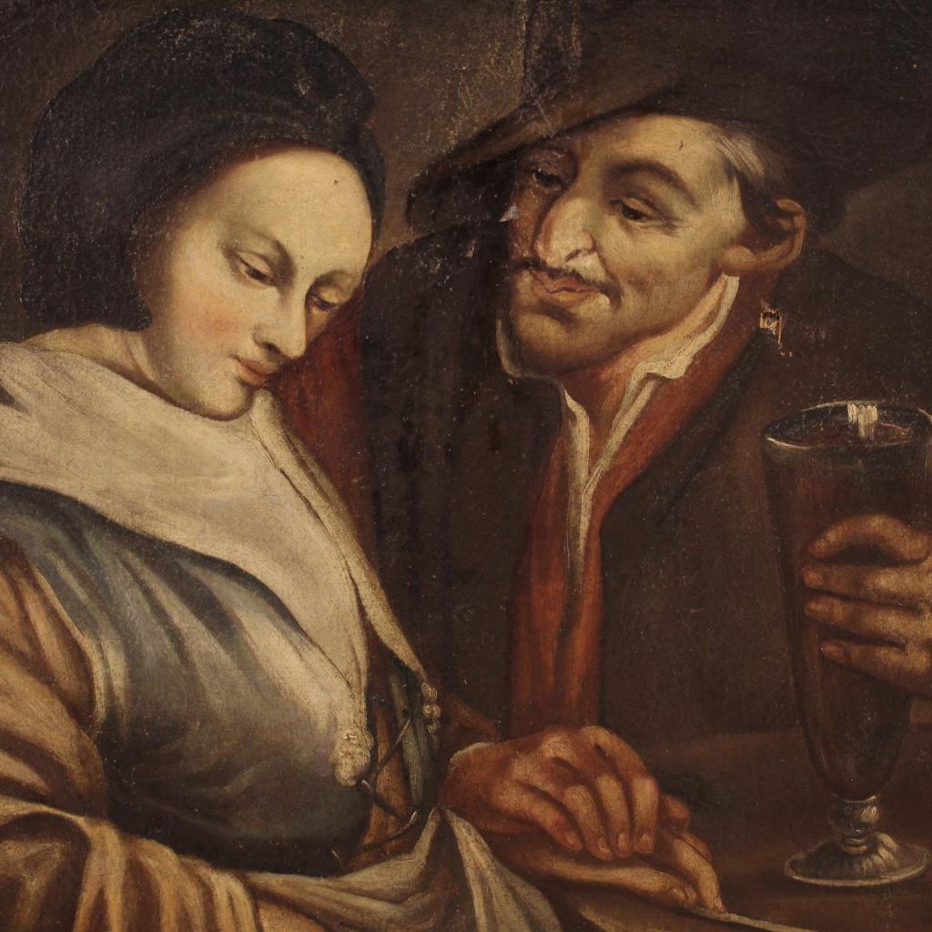 18th Century Oil on Canvas Framed Flemish Painting Interior Scene, 1750 For Sale 7