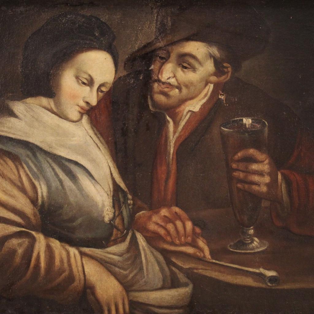 Italian 18th Century Oil on Canvas Framed Flemish Painting Interior Scene, 1750 For Sale