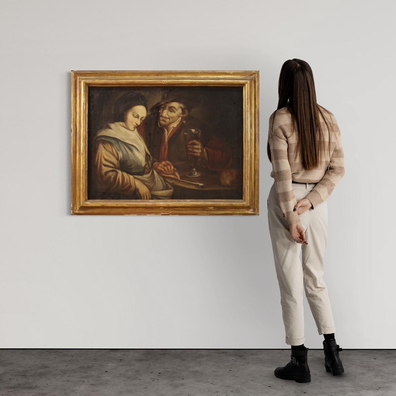 Oiled 18th Century Oil on Canvas Framed Flemish Painting Interior Scene, 1750 For Sale