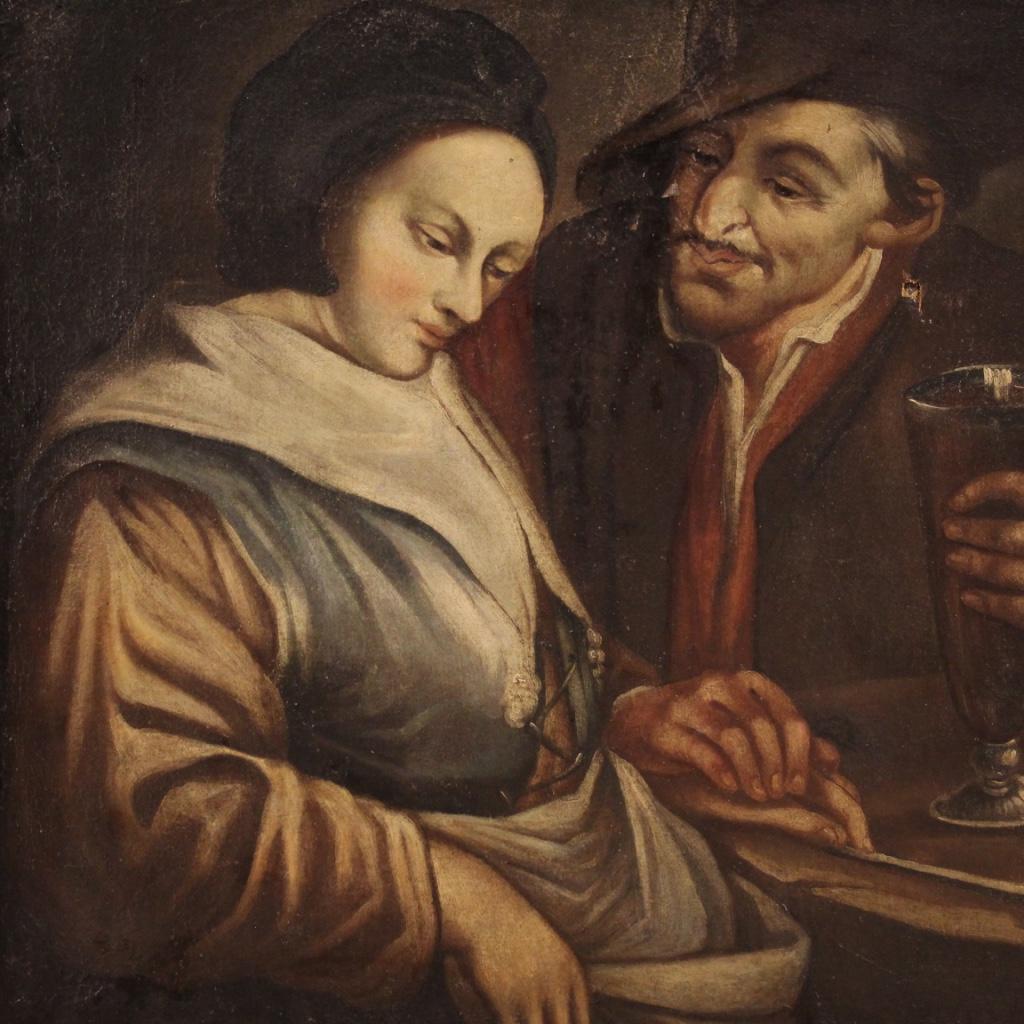 18th Century Oil on Canvas Framed Flemish Painting Interior Scene, 1750 For Sale 3