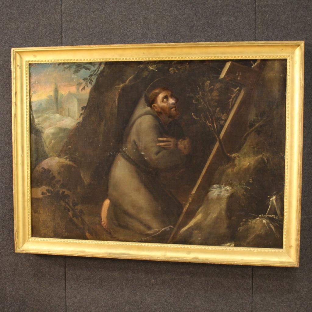 18th Century Oil on Canvas Framed Italian Religious Painting Saint Francis 1720 For Sale 10