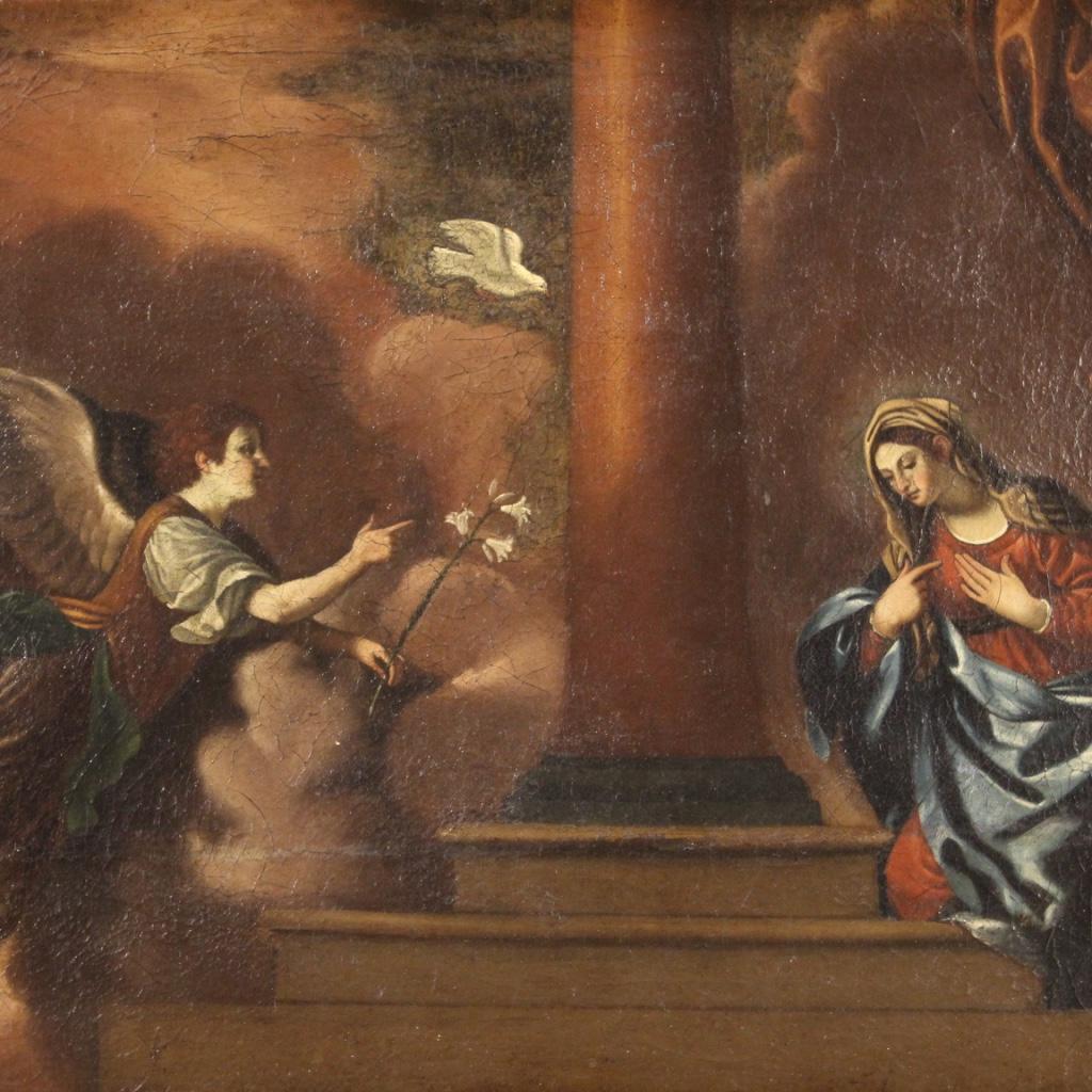 Oiled 18th Century Oil on Canvas Framed Religious Italian Painting Annunciation, 1730s For Sale