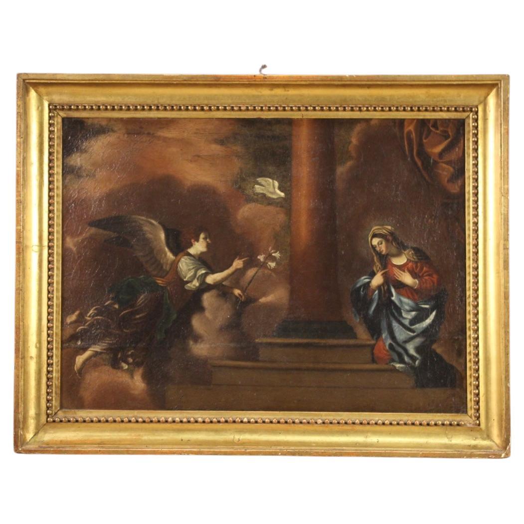 18th Century Oil on Canvas Framed Religious Italian Painting Annunciation, 1730s For Sale