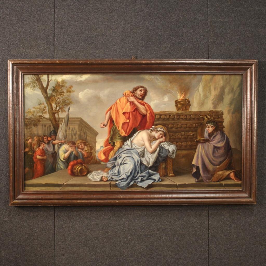 Antique French painting from the 18th century. Framework oil on canvas depicting biblical subject of sacred art The sacrifice of the daughter of Jephthah of excellent pictorial quality. Framework of great measure and impact, for antique dealers and