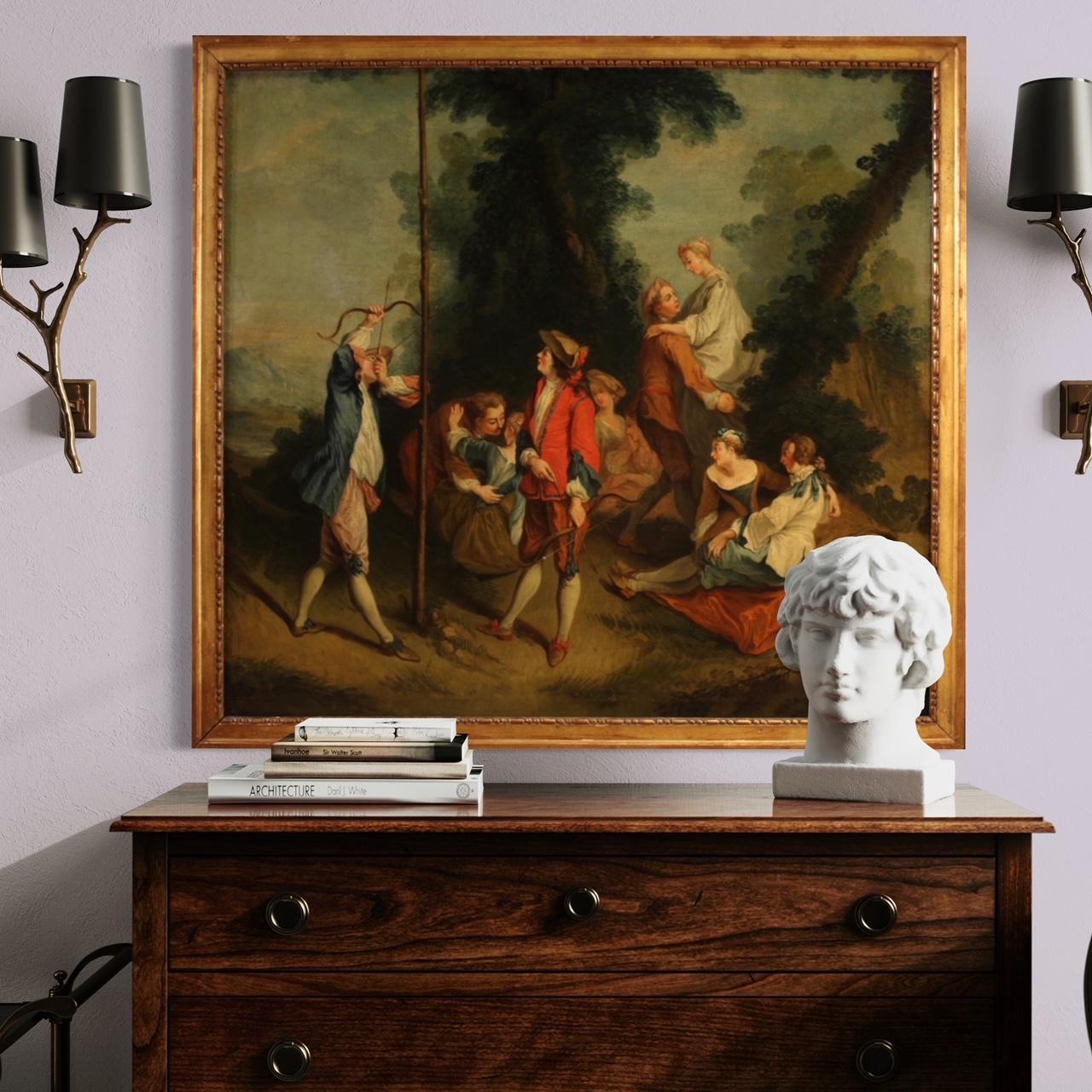 18th Century Oil on Canvas French Antique Gallant Genre Scene Painting, 1770 For Sale 9