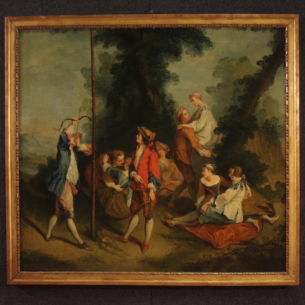 Antique French painting from the second half of the 18th century. Oil on canvas artwork depicting a gallant party in the woods, genre scene with characters in the style of Jean-Honoré Fragonard. Rococo painting of great dynamism, full of characters