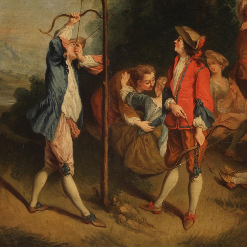 Oiled 18th Century Oil on Canvas French Antique Gallant Genre Scene Painting, 1770 For Sale