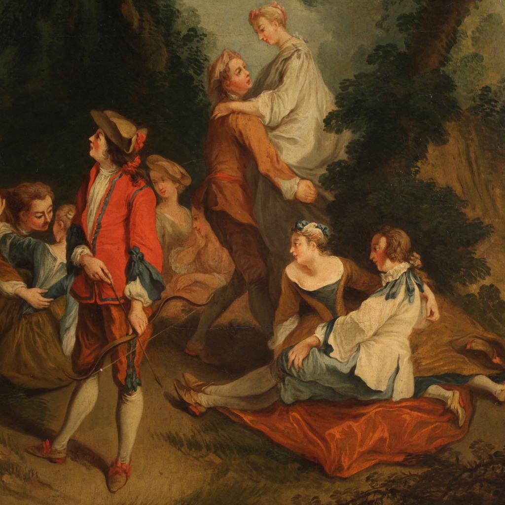 18th Century Oil on Canvas French Antique Gallant Genre Scene Painting, 1770 In Good Condition For Sale In Vicoforte, Piedmont