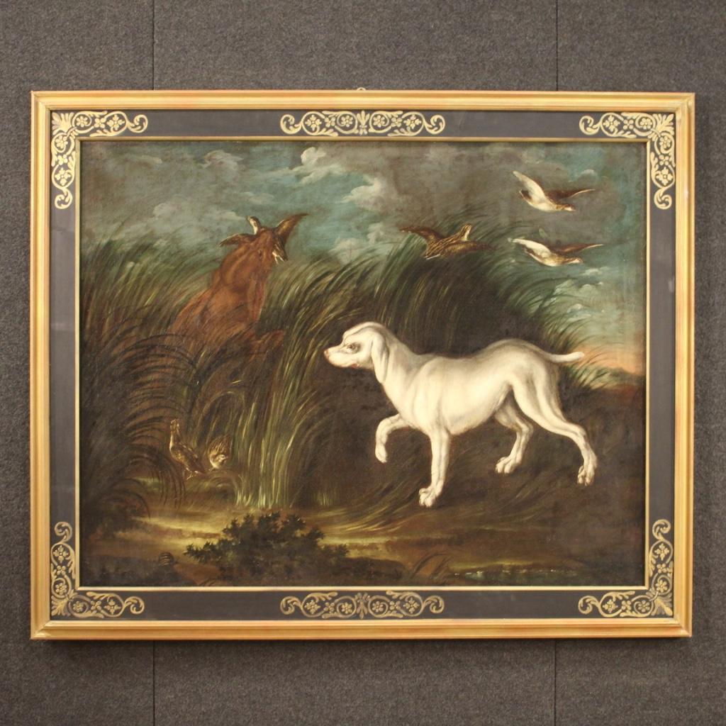 Antique French painting from 18th century. Oil on canvas framework depicting landscape with hunting dogs with partridges of good pictorial quality. Painting of great measure and impact, for antique dealers, interior decorators and collectors of