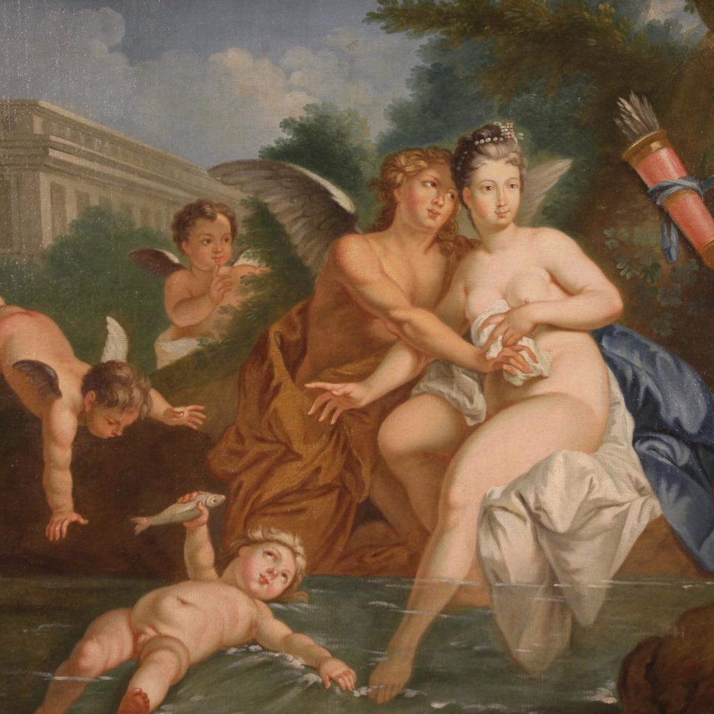 Antique French painting from the 18th century. Artwork oil on canvas depicting the mythological subject Cupid and Psyche of excellent pictorial quality. Large-scale and impactful painting adorned with a non-coeval wooden and plaster frame, adapted