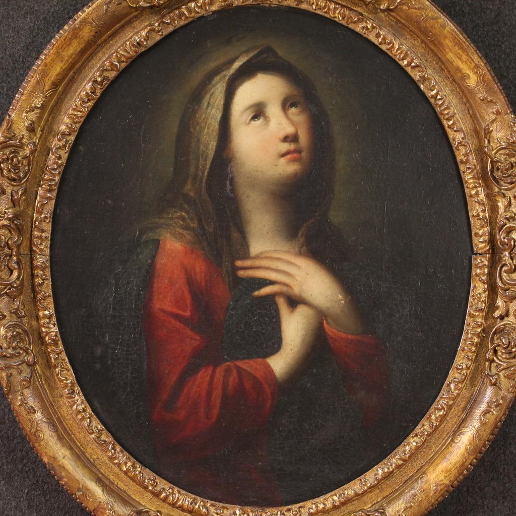 18th Century Oil on Canvas French Antique Oval Religious Painting Madonna, 1730 7
