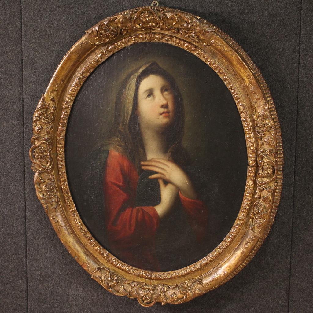 Mid-18th Century 18th Century Oil on Canvas French Antique Oval Religious Painting Madonna, 1730