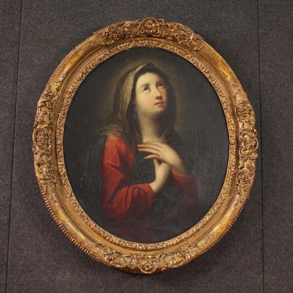 18th Century Oil on Canvas French Antique Oval Religious Painting Madonna, 1730 4