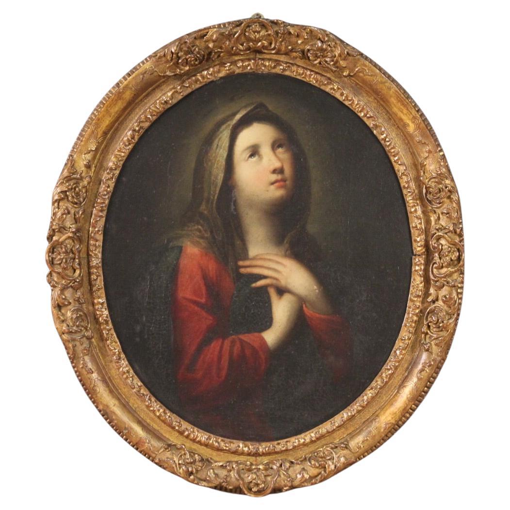18th Century Oil on Canvas French Antique Oval Religious Painting Madonna, 1730